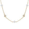 Collier en argent dor&eacute; tr&egrave;fle en verre blanc et fleurs oxydes blancs 42+3cm