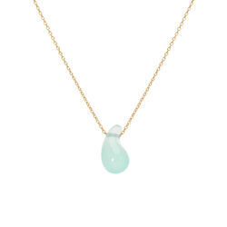 Collier en argent dor&eacute; goutte en verre vert d'eau 40+5cm
