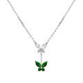 Collier en argent rhodi&eacute; deux papillons oxydes blanc et vert sertis - 38+5cm