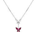 Collier en argent rhodi&eacute; deux papillons oxydes blanc et fushia sertis - 38+5cm Artemare