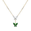 Collier en argent dor&eacute; deux papillons d'oxydes blanc et vert fonc&eacute; sertis 38+5cm Artemare