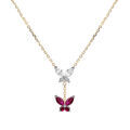 Collier en argent dor&eacute; deux papillons d'oxydes blanc et fushia sertis, 38+5cm