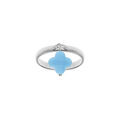 Bague en argent rhodi&eacute; avec tr&egrave;fle en verre facett&eacute; bleu ciel