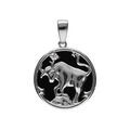 Pendentif en argent rhodi&eacute; m&eacute;daille 15mm, onyx noir imitation, zodiaque taureau et un oxyde blanc Artemare