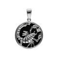 Pendentif en argent rhodi&eacute; m&eacute;daille 15mm, onyx noir imitation, zodiaque scorpion et un oxyde blanc