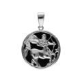 Pendentif en argent rhodi&eacute; m&eacute;daille 15mm, onyx noir imitation, zodiaque sagittaire et un oxyde blanc
