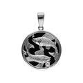 Pendentifs sur Artemare : Pendentif en argent rhodi&eacute; m&eacute;daille 15mm, onyx noir imitation, zodiaque poissons et un oxyde blanc