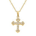 Collier en acier dor&eacute; avec pendentif croix stylis&eacute; 15 x 12mm oxydes blancs sertis, 42+5cm