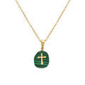 Collier en acier dor&eacute; avec pendentif malachite v&eacute;ritable avec croix 40+6cm