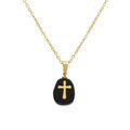 Colliers sur Artemare : Collier en acier dor&eacute; pendentif agate noire v&eacute;ritable avec motif croix, 40+6cm