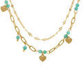 Collier en acier dor&eacute; deux rangs coeurs lisses et agates bleues, 39+5cm