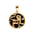 Pendentif en plaqu&eacute; or m&eacute;daille 15mm, onyx noir imitation, zodiaque lion et un oxyde blanc Artemare