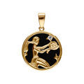 Pendentif en plaqu&eacute; or m&eacute;daille 15mm, onyx noir imitation, zodiaque vierge et 1 oxyde blanc