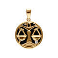Pendentif en plaqu&eacute; or m&eacute;daille 15mm, onyx noir imitation, zodiaque balance et un oxyde blanc