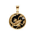Pendentif en plaqu&eacute; or m&eacute;daille 15mm, onyx noir imitation, zodiaque scorpion et un oxyde blanc Artemare