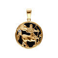 Pendentif en plaqu&eacute; or m&eacute;daille 15mm, onyx noir imitation, zodiaque sagittaire et un oxyde blanc