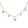 Collier cha&icirc;nette vermeil pampilles papillons roses + perles roses r&eacute;glable 32+4cm