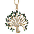 Collier en vermeil massif pendentif arbre de vie oxydes blancs et verts sertis - 40+5cm