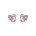 Boucles d'oreille sur Artemare : Cr&eacute;oles en argent rhodi&eacute; articul&eacute;es avec papillon r&eacute;sine rose et oxydes blancs