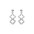 Boucles d'oreille pendante tige en argent rhodi&eacute; double fleur avec oxydes blancs sertis