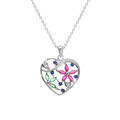 Collier en argent rhodi&eacute; pendentif coeur avec fleurs oxydes multi couleurs - 40+5cm