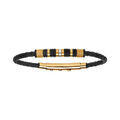 Bracelet en acier motifs dor&eacute;s et noirs cuir bovin tress&eacute; noir - 22cm ajustable 20cm