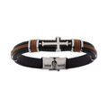 Bracelet en acier et cuir bovin noir et cordon marron avec croix - 20.5cm