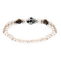 Bracelet en acier elastique perle de culture d'eau douce blanche - 6mm irr&eacute;gulier - et deux boules 6mm oeil de tigre et t&ecirc;te de mort