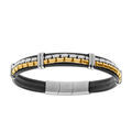 Bracelet en acier de cuir bovin noir cha&icirc;ne acier et dor&eacute; jaune - 19.5cm + 1cm double fermoir Artemare