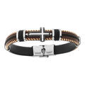 Bracelet en acier et cuir bovin marron et cordon noir avec croix - 20.5cm r&eacute;glable Artemare