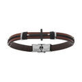 Bracelet en acier et cuir bovin marron croix PVD noir et cordon noir - 20.5cm