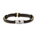 Bracelet en acier dor&eacute; et cuir bovin deux rangs tress&eacute; marron - 21cm r&eacute;glable