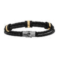 Bracelet en acier dor&eacute; et cuir bovin deux rangs tress&eacute; noir - 21cm r&eacute;glable