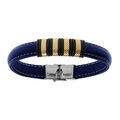 Bracelet en acier dor&eacute; et cuir bovin bleu - 21.5cm r&eacute;glable
