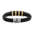 Bracelet en acier dor&eacute; et cuir bovin noir - 21.5cm r&eacute;glable