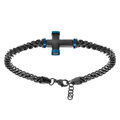 Bracelet en acier PVD noir maille gourmette avec croix PVD noir et bleu - 19.5+3cm Artemare