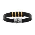 Bracelet en acier et cuir bovin noir motif dor&eacute; - 21.5cm r&eacute;glable Artemare