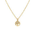 Collier en acier dor&eacute; pendentif rond arbre de vie contour oxydes blancs sertis - 38+5cm