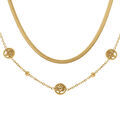 Collier en acier dor&eacute;deux rangs cha&icirc;ne plate et l'autre boules avec motifs abre de vie - 40+6cm