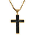 Collier en acier dor&eacute; pendentif croix stri&eacute;e 38x26mm PVD noir avec oxyde blanc - 50+10cm