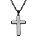 Collier en acier PVD noir pendentif croix acier gris stri&eacute; 38x26mm et contour PVD noir avec oxyde blanc - 50+10cm