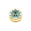 Bagues sur Artemare : Bague Stella Mia en acier dor&eacute; motif r&eacute;sine fond blanc fleur de lotus bleu