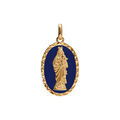 Pendentifs sur Artemare : Pendentif en plaqu&eacute; or ovale vierge et l'enfant 20mmx13mm fond bleu fonc&eacute;