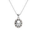 Collier en argent rhodi&eacute; pendentif oxyde centrale blanc et contour de perles blanches imitation - 42+3cm