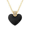 Collier en acier dor&eacute; pendentif coeur bomb&eacute; c&eacute;ramique noire et b&eacute;liere orn&eacute;e d'oxydes blancs- 43.5+5cm