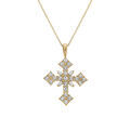 Collier en acier dor&eacute; cha&icirc;ne maille for&ccedil;at avec pendentif croix stylis&eacute; 32mm orn&eacute; d'oxydes blancs -45+10cm