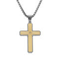 Collier en acier pendentif croix acier dor&eacute; stri&eacute;e 38x26mm avec oxyde blanc - 50+10cm Artemare