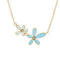 Collier en acier dor&eacute; deux fleur en r&eacute;sine bleu - 40+5cm