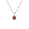 Collier en argent rhodi&eacute; pendentif ambre rond v&eacute;ritable contour entour&eacute; d'oxydes blancs - 42+3cm