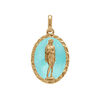Pendentif plaqu&eacute; or ovale marie madeleine 18mm x 13mm sur fond r&eacute;sine bleu ciel
